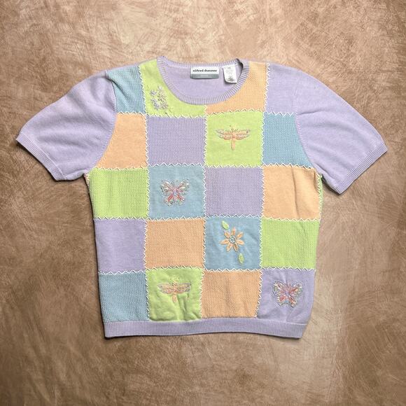Vintage 90s Alfred Dunner Patchwork Beaded Butterfly Short Sleeve Sweater Pastel - Picture 7 of 7